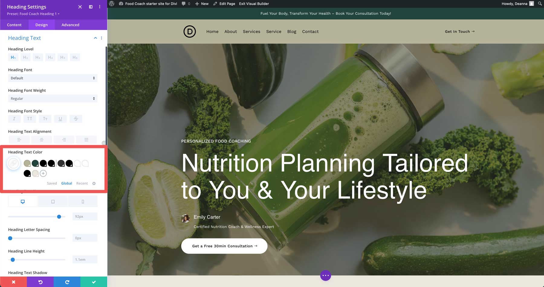 food coach starter site for Divi