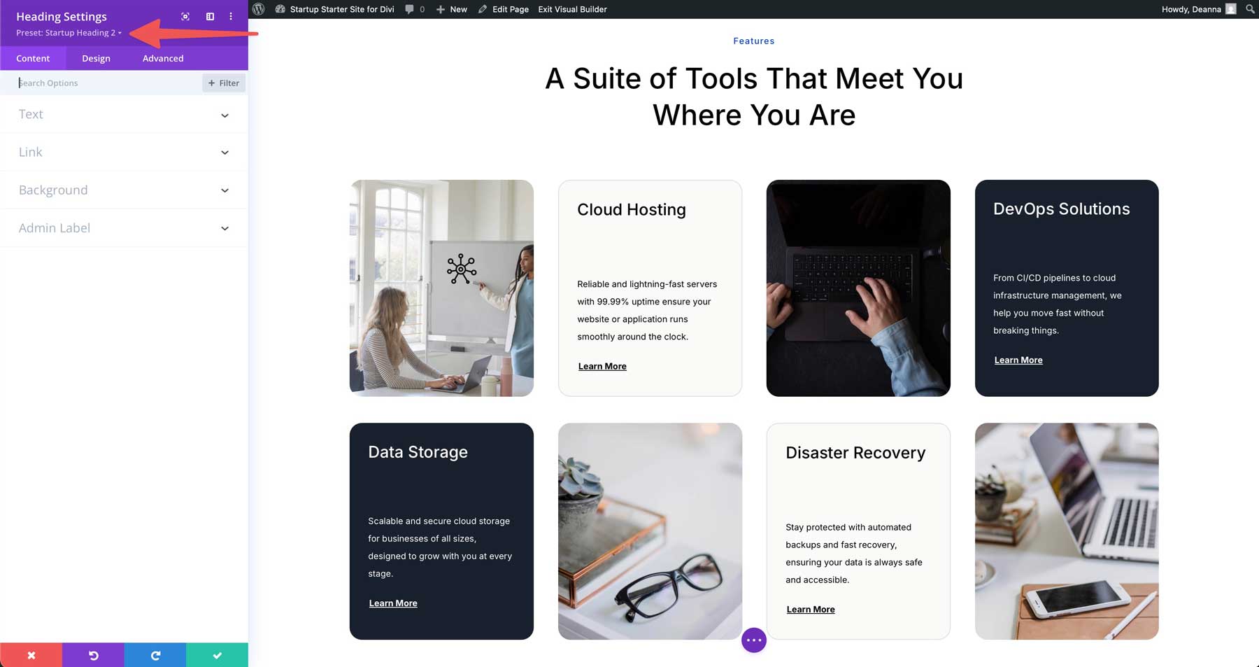 startup starter site for Divi
