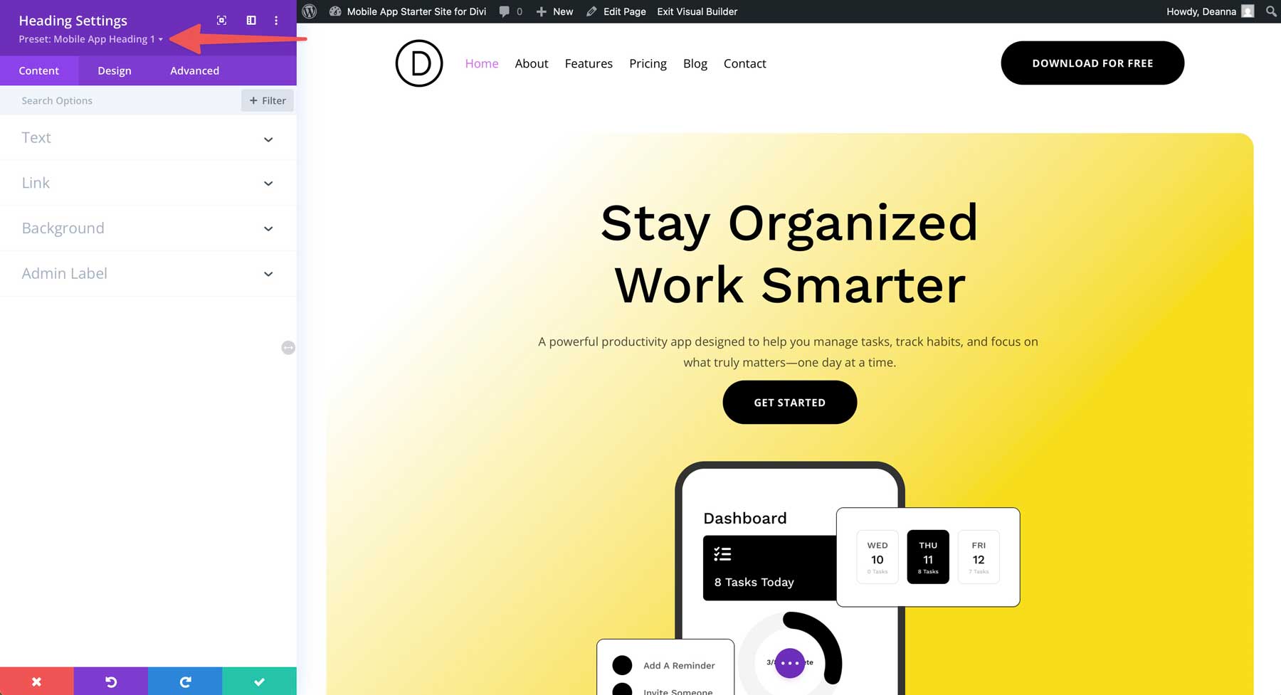 mobile app starter site for Divi