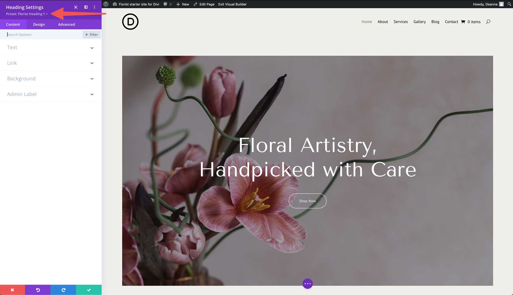 florist starter site for Divi