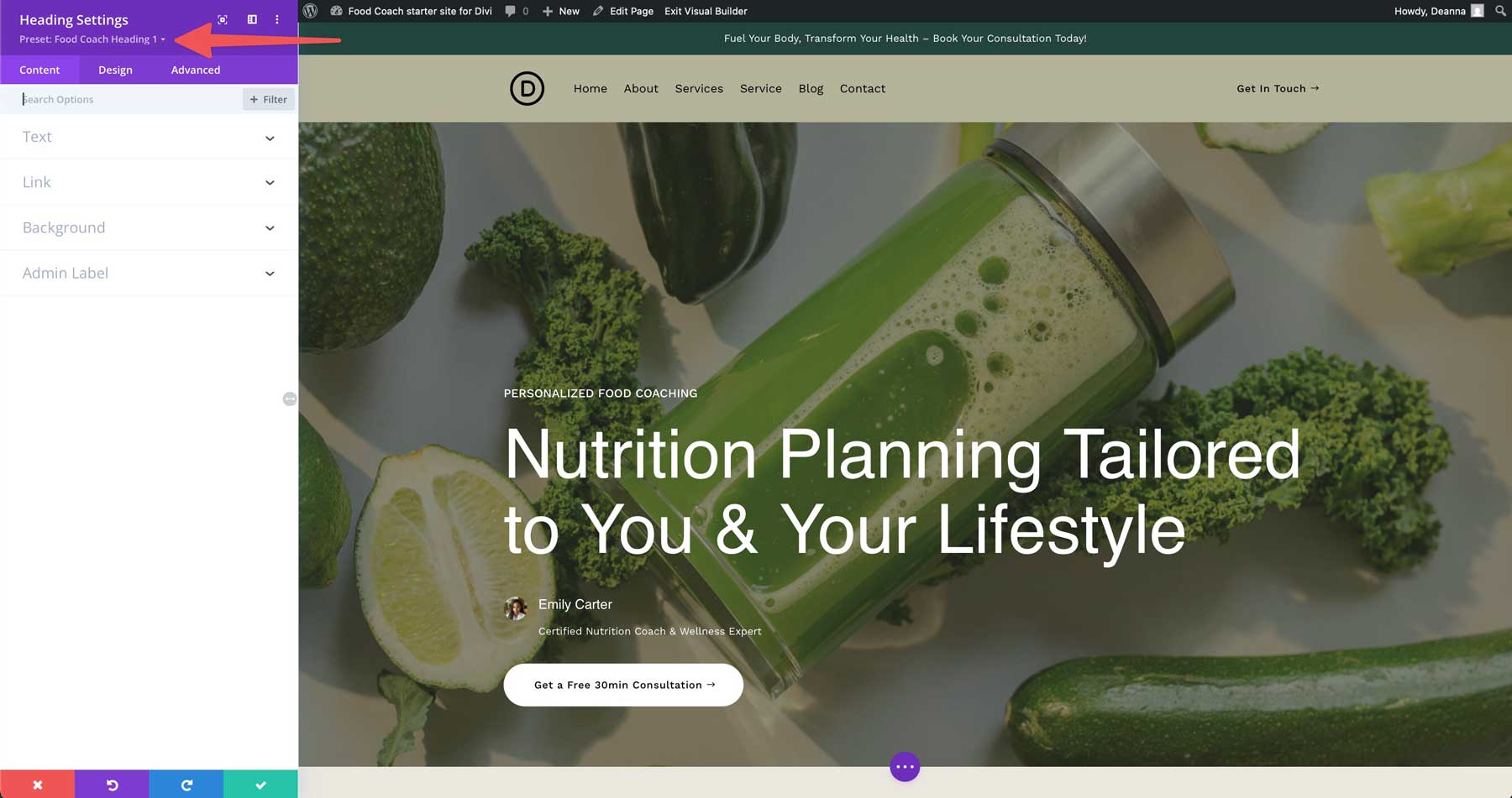 food coach starter site for Divi