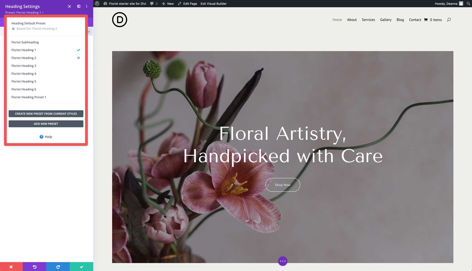 florist starter site for Divi