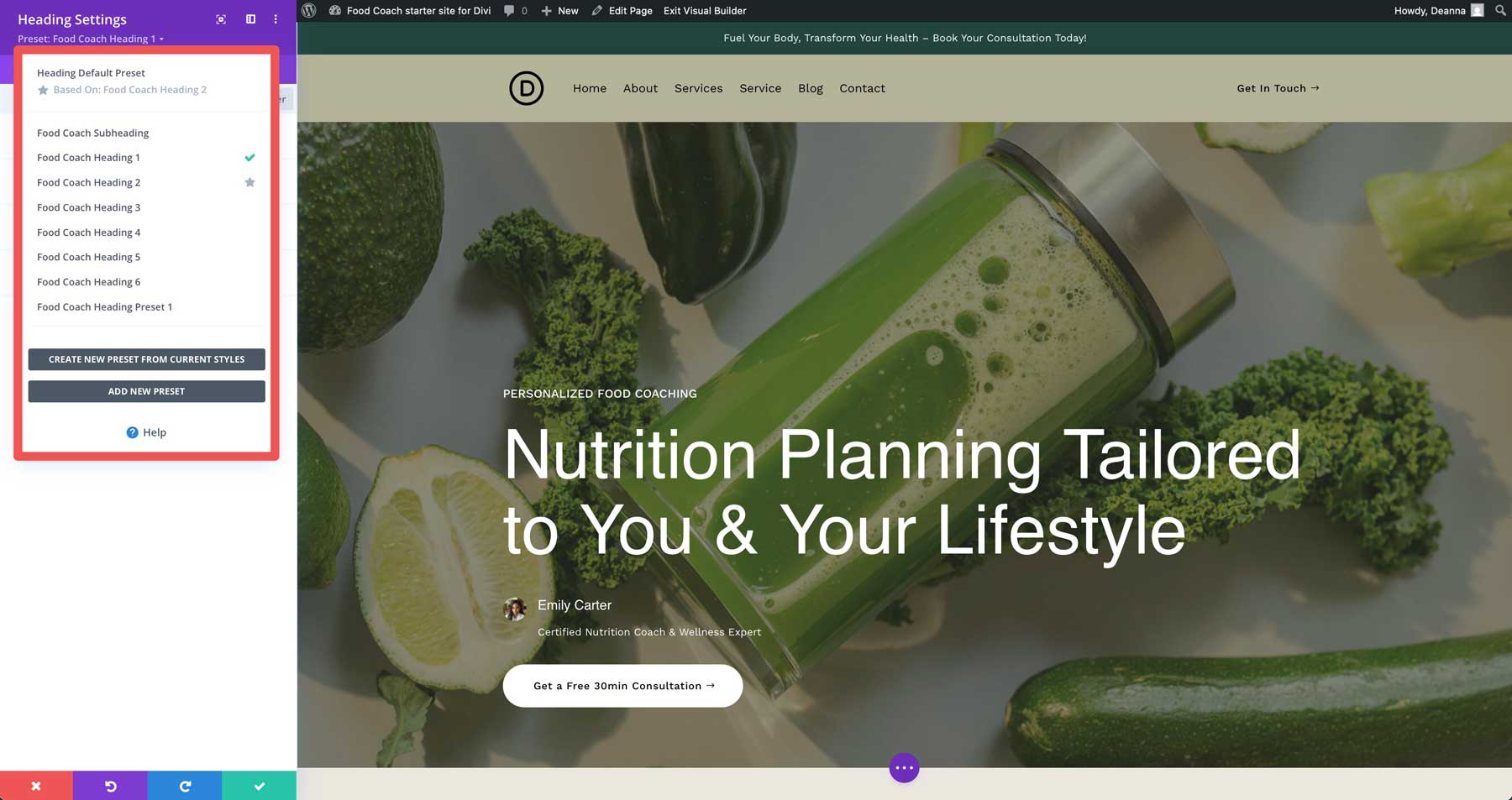 food coach starter site for Divi