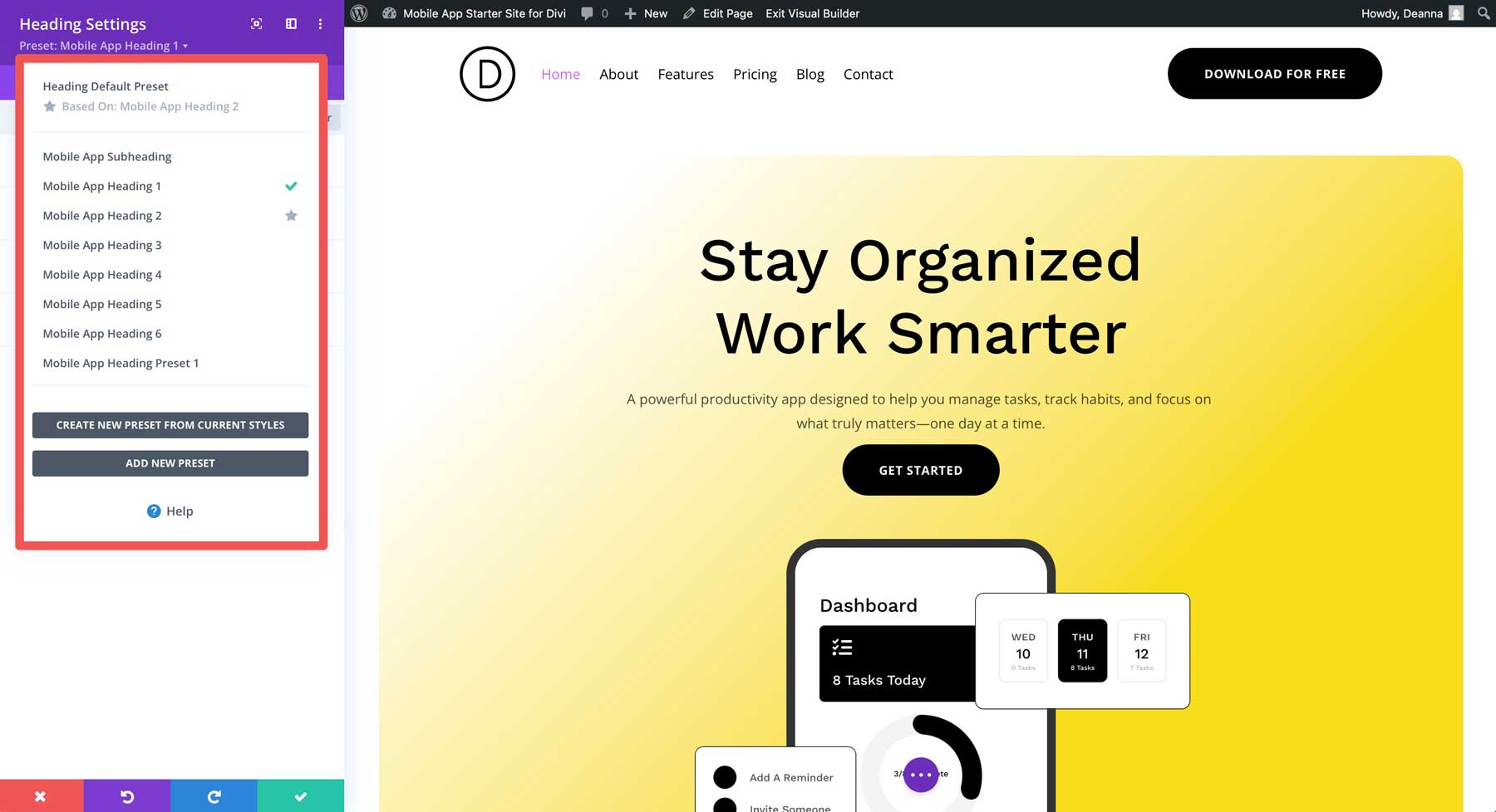 mobile app starter site for Divi
