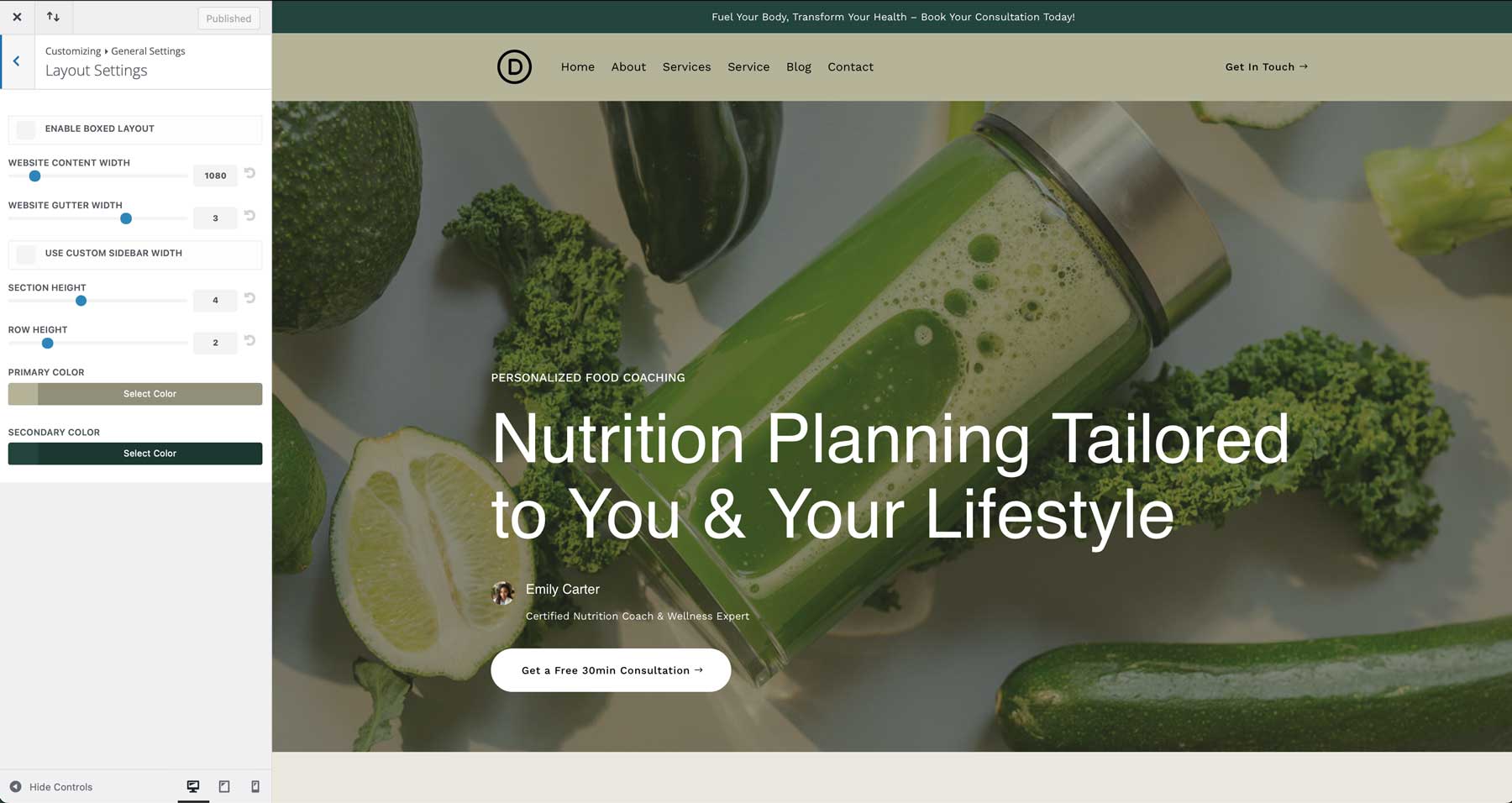 food coach starter site for Divi