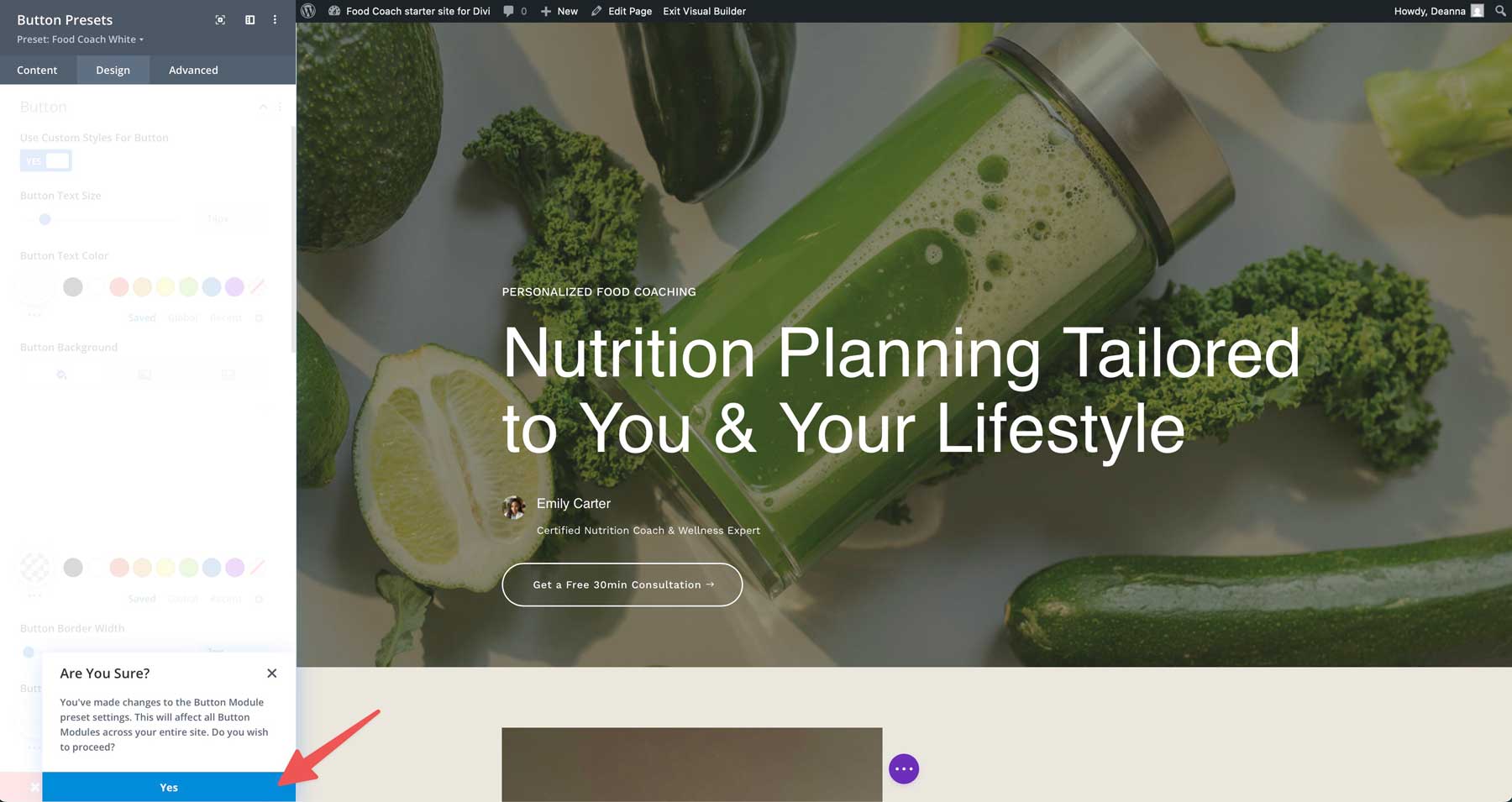 food coach starter site for Divi
