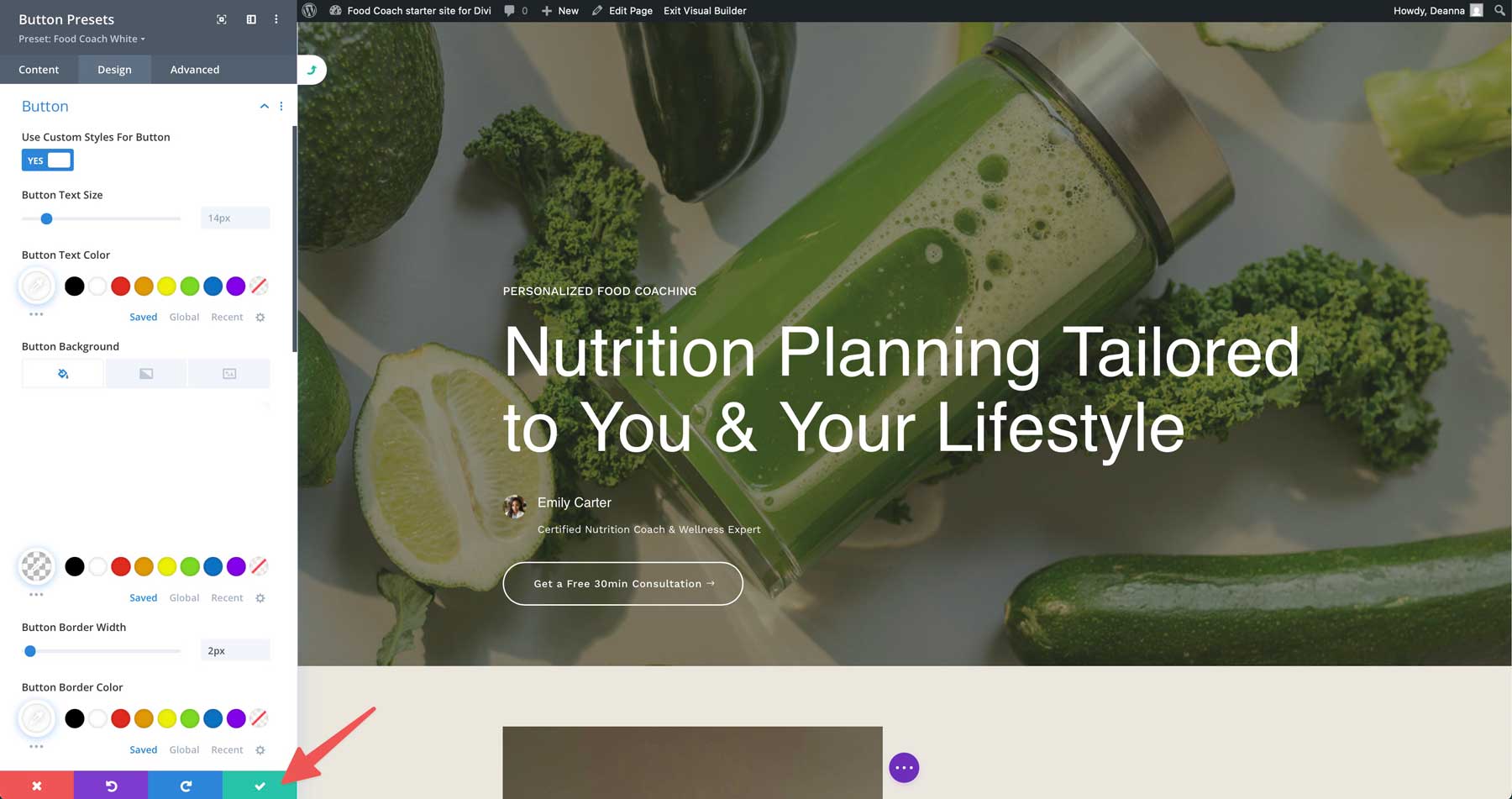 food coach starter site for Divi