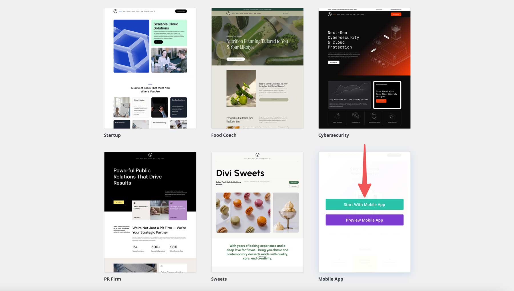 mobile app starter site for Divi