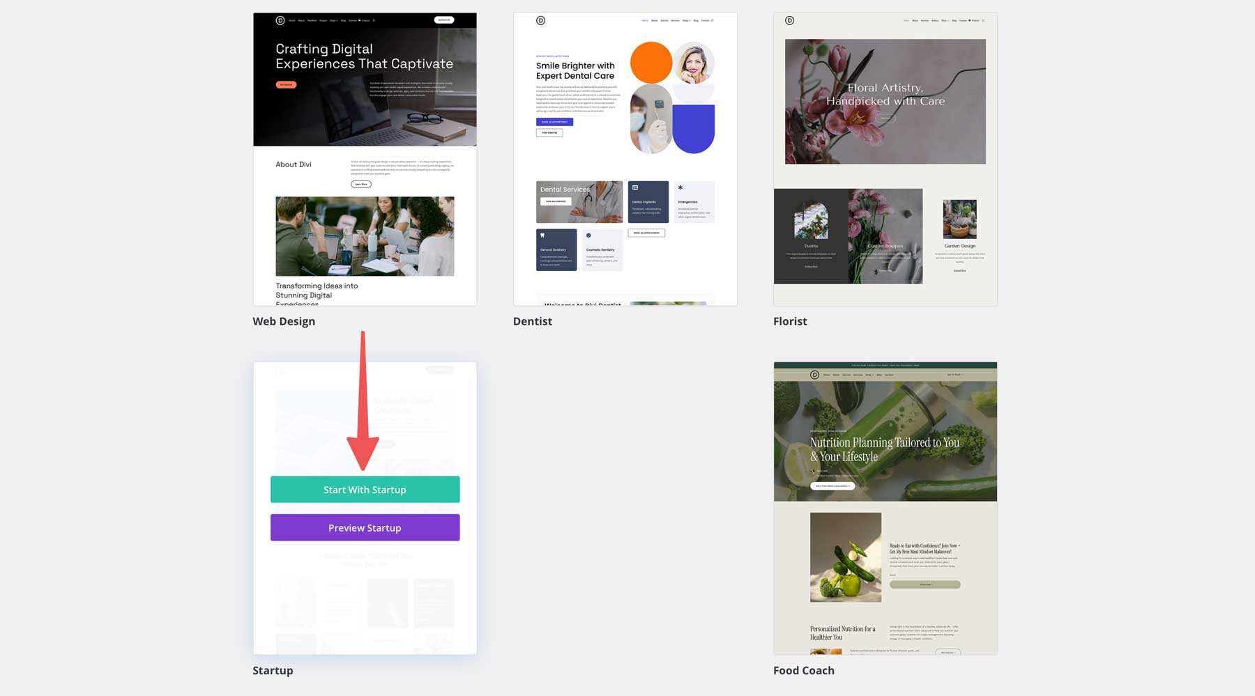 startup starter site for Divi
