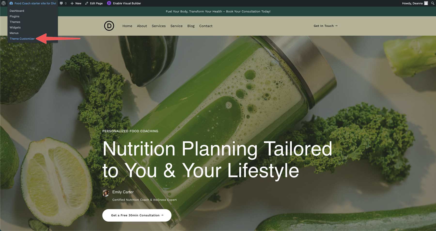 food coach starter site for Divi