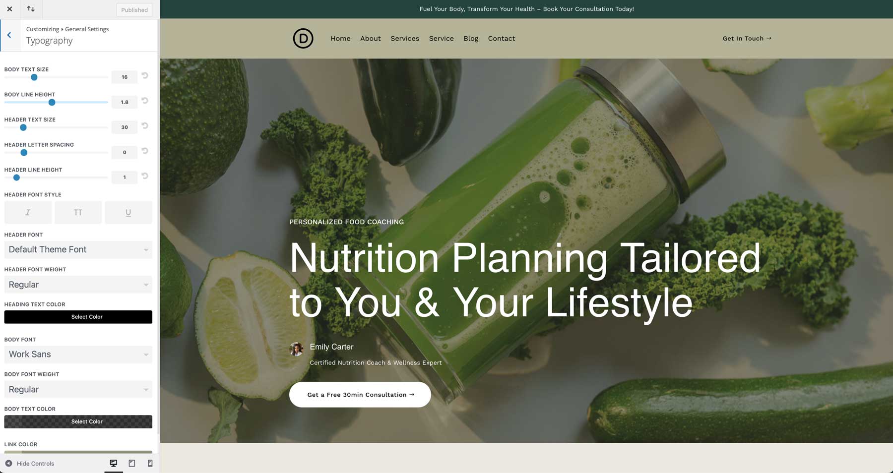 food coach starter site for Divi
