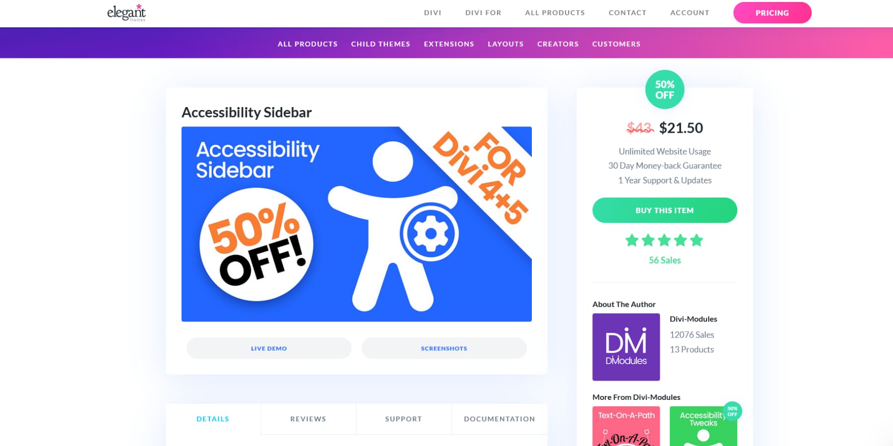 A screenshot of Accessibility Sidebar on Divi Marketplace