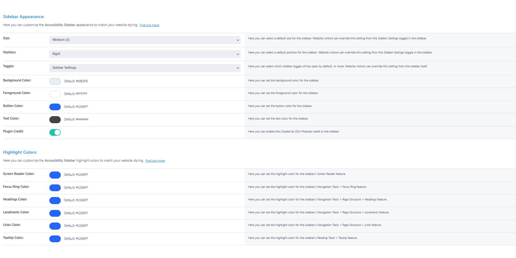 A screenshot of Accessibility Sidebar's appearance and highlight colors options