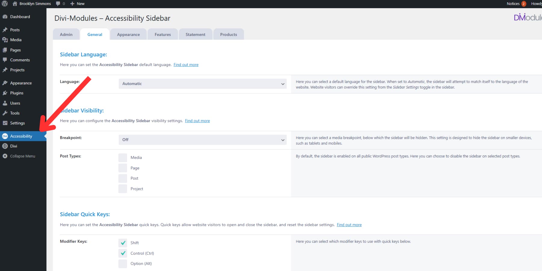 A screenshot of Accessibility Sidebar's menu item on WordPress menu