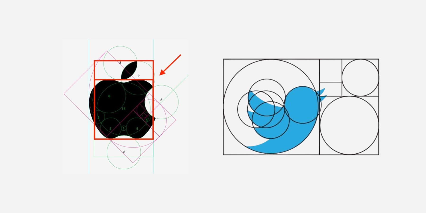 A visual presentation of Fibonacci sequences on Apple and Twitter logo