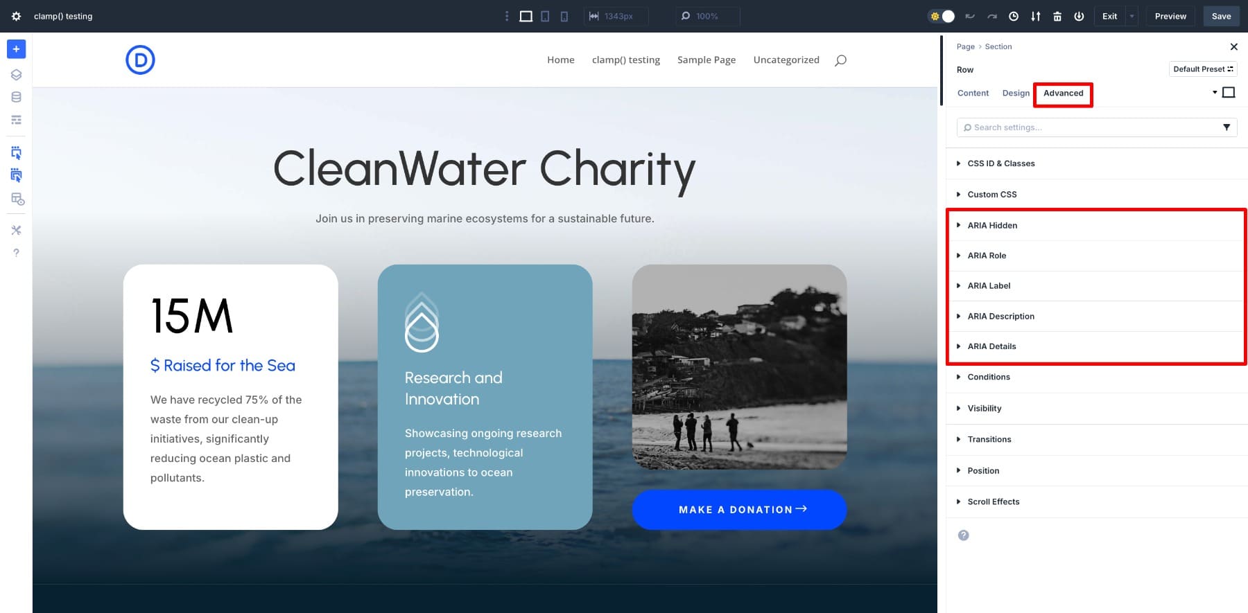 aria attributes added in divi builder settings