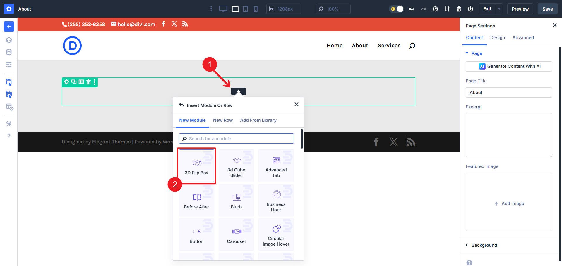 Add 3d Flip Box Module to page - Divi Essentials - D5