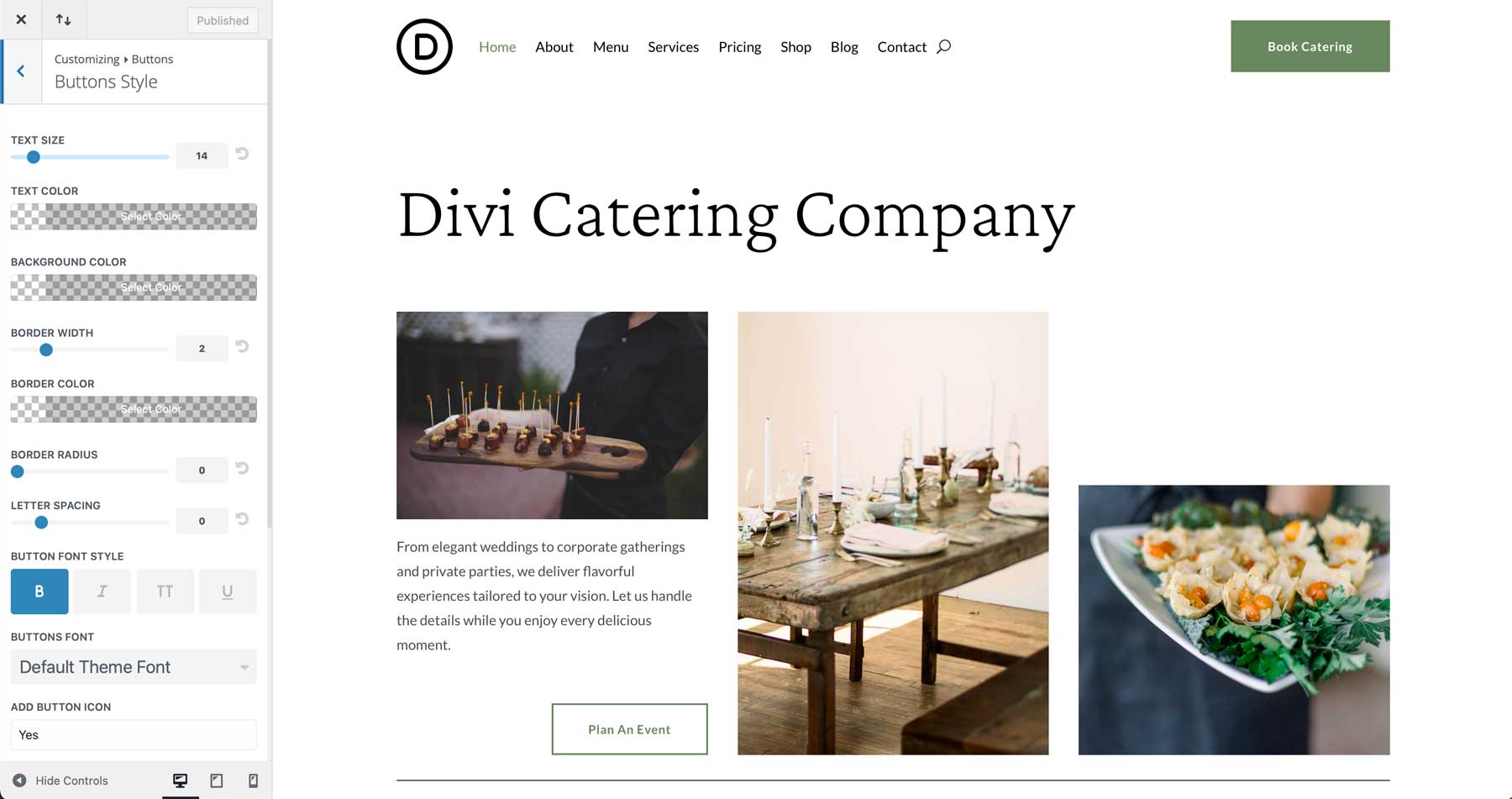 Catering starter site for Divi