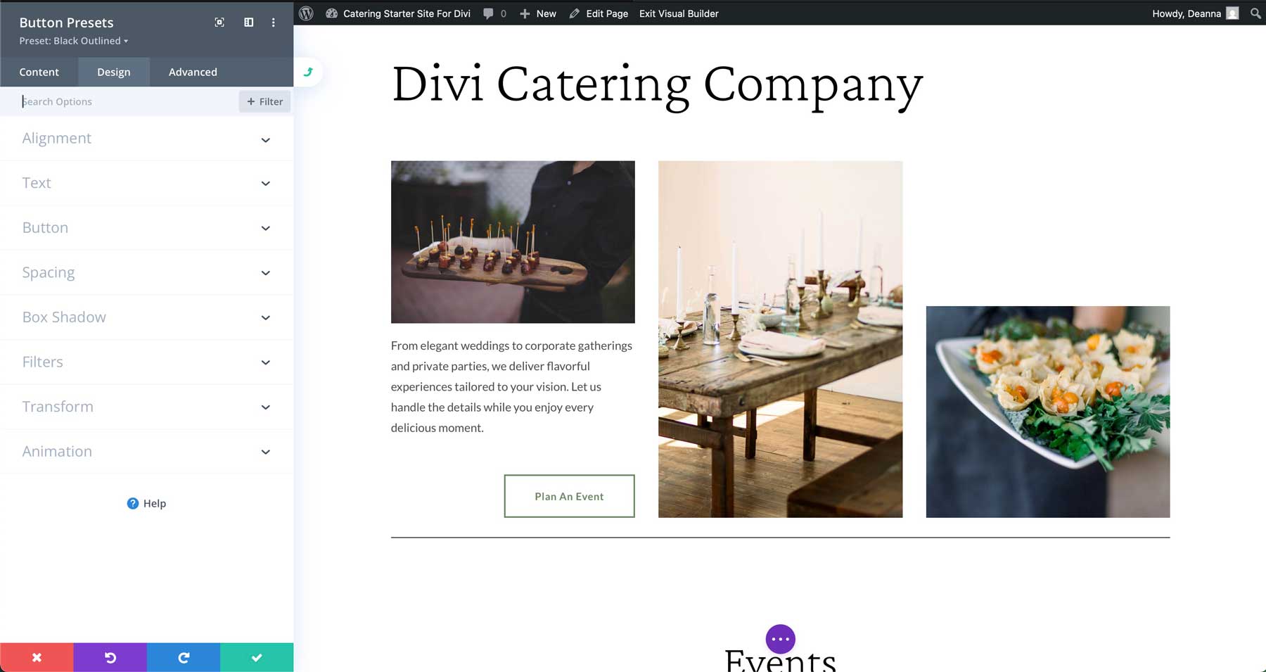 Catering starter site for Divi