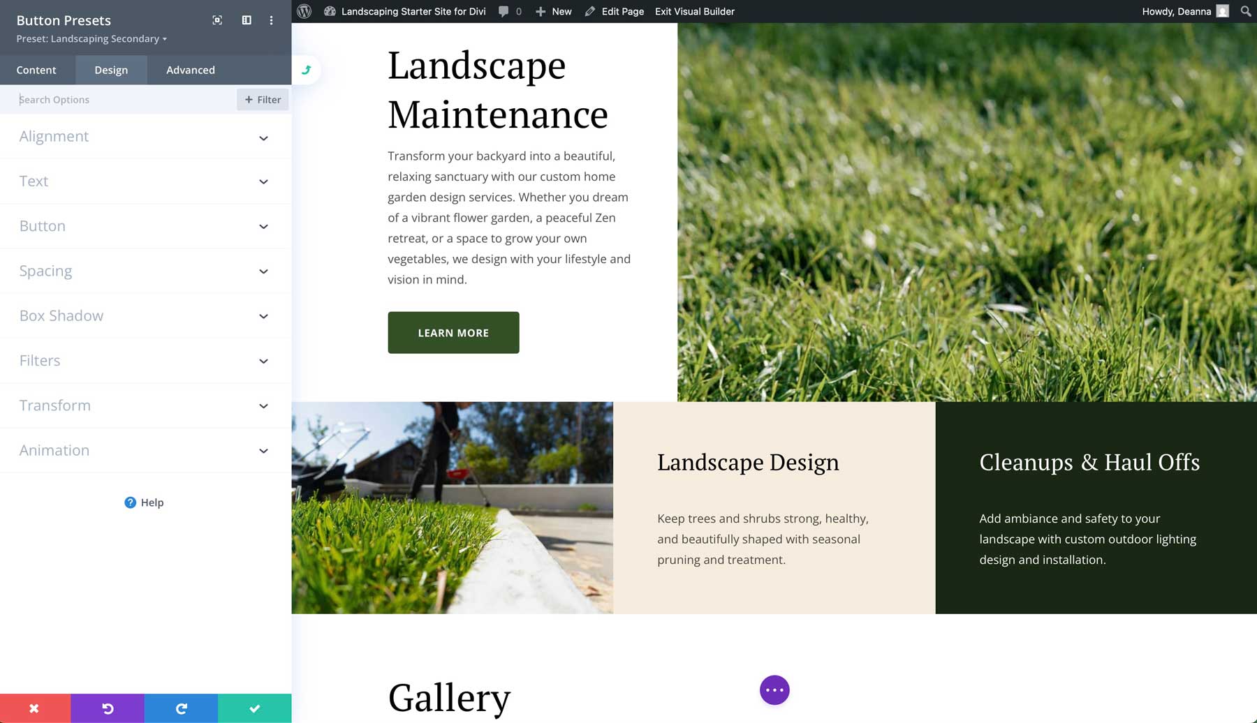 Landscaping starter site for Divi