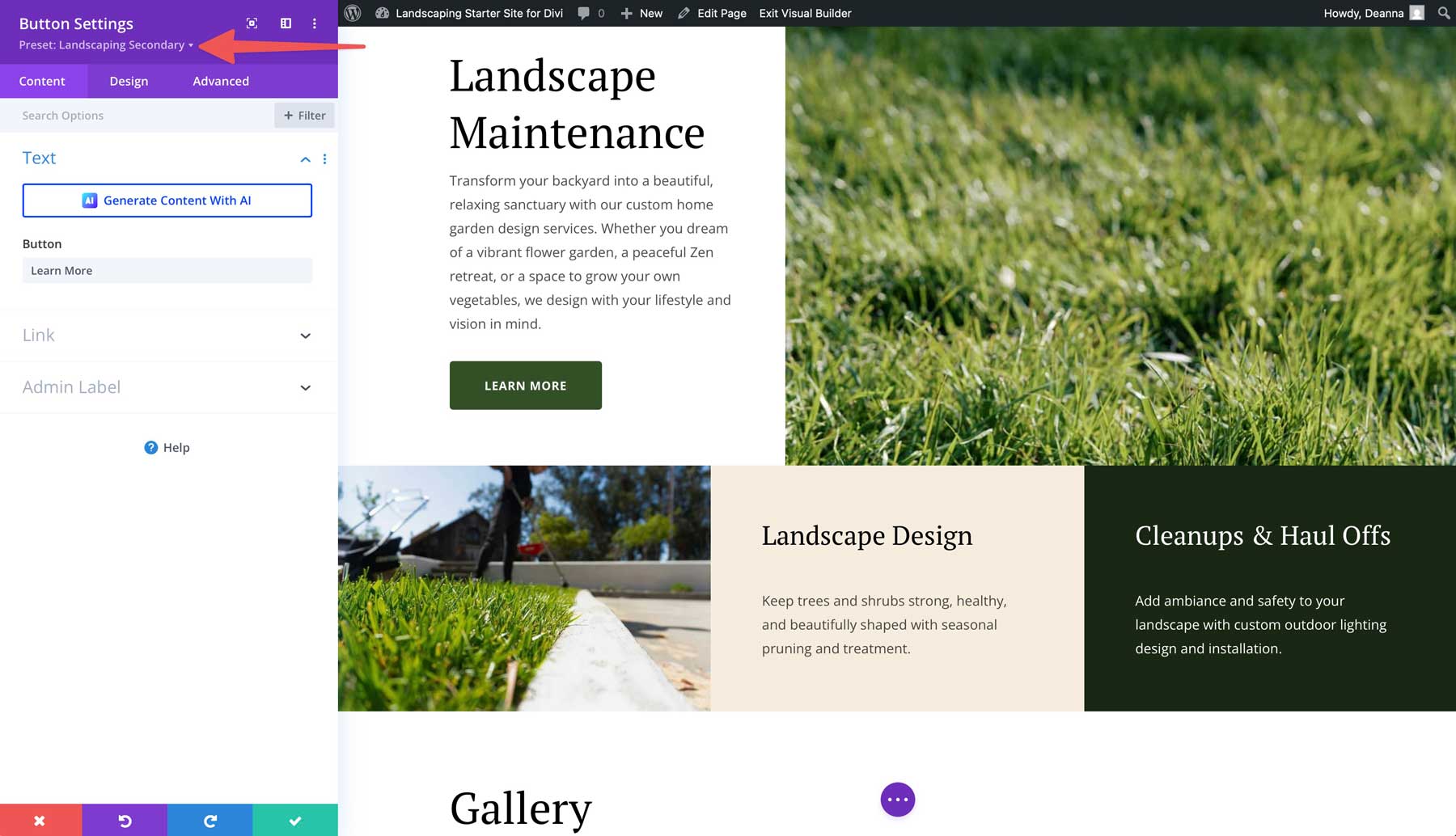 Landscaping starter site for Divi
