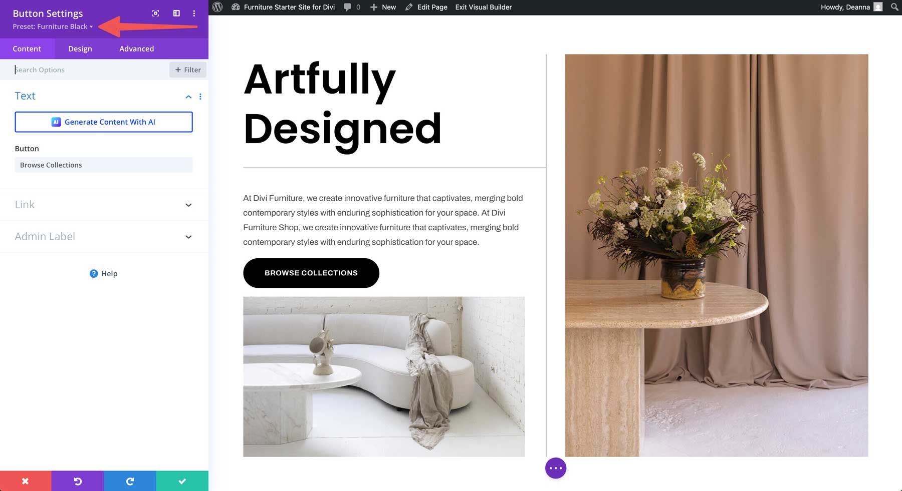 furniture starter site for Divi