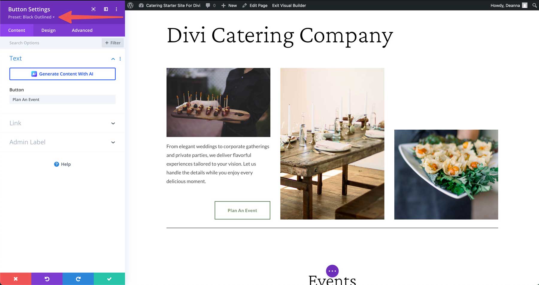 Catering starter site for Divi