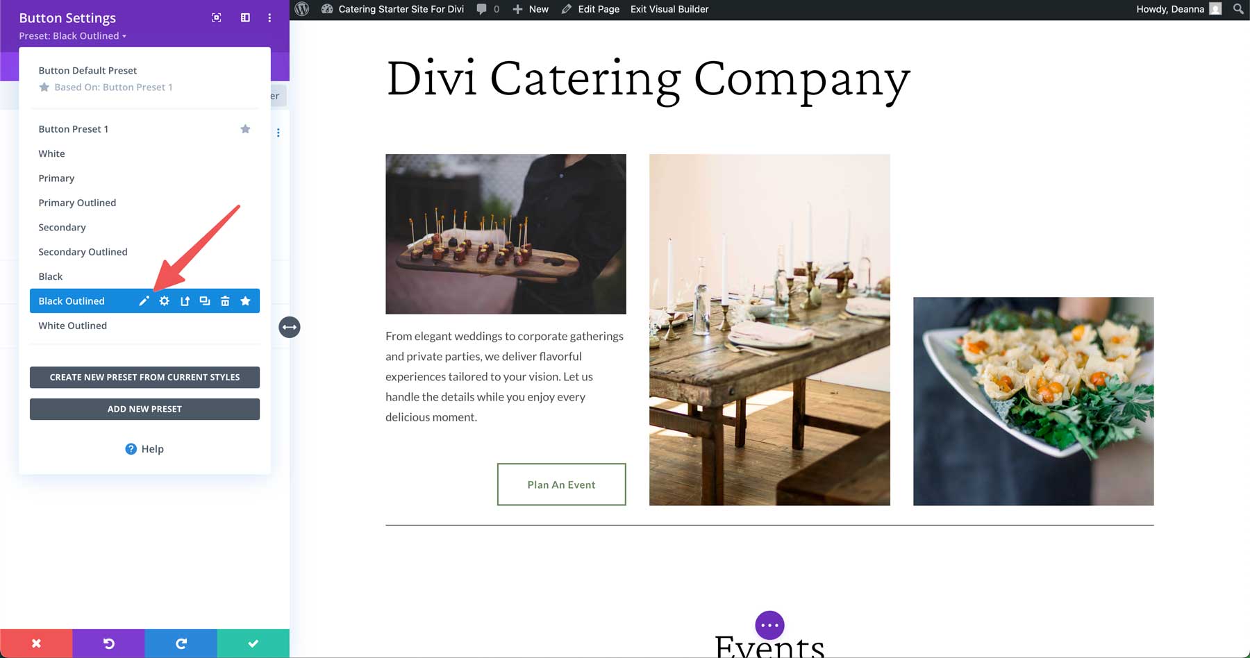 Catering starter site for Divi
