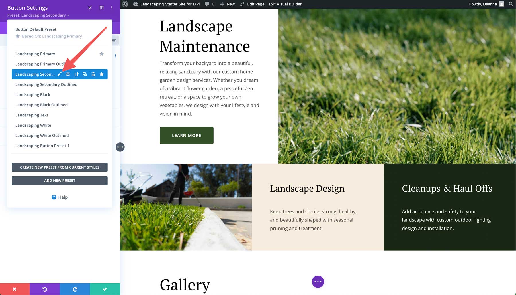 Landscaping starter site for Divi