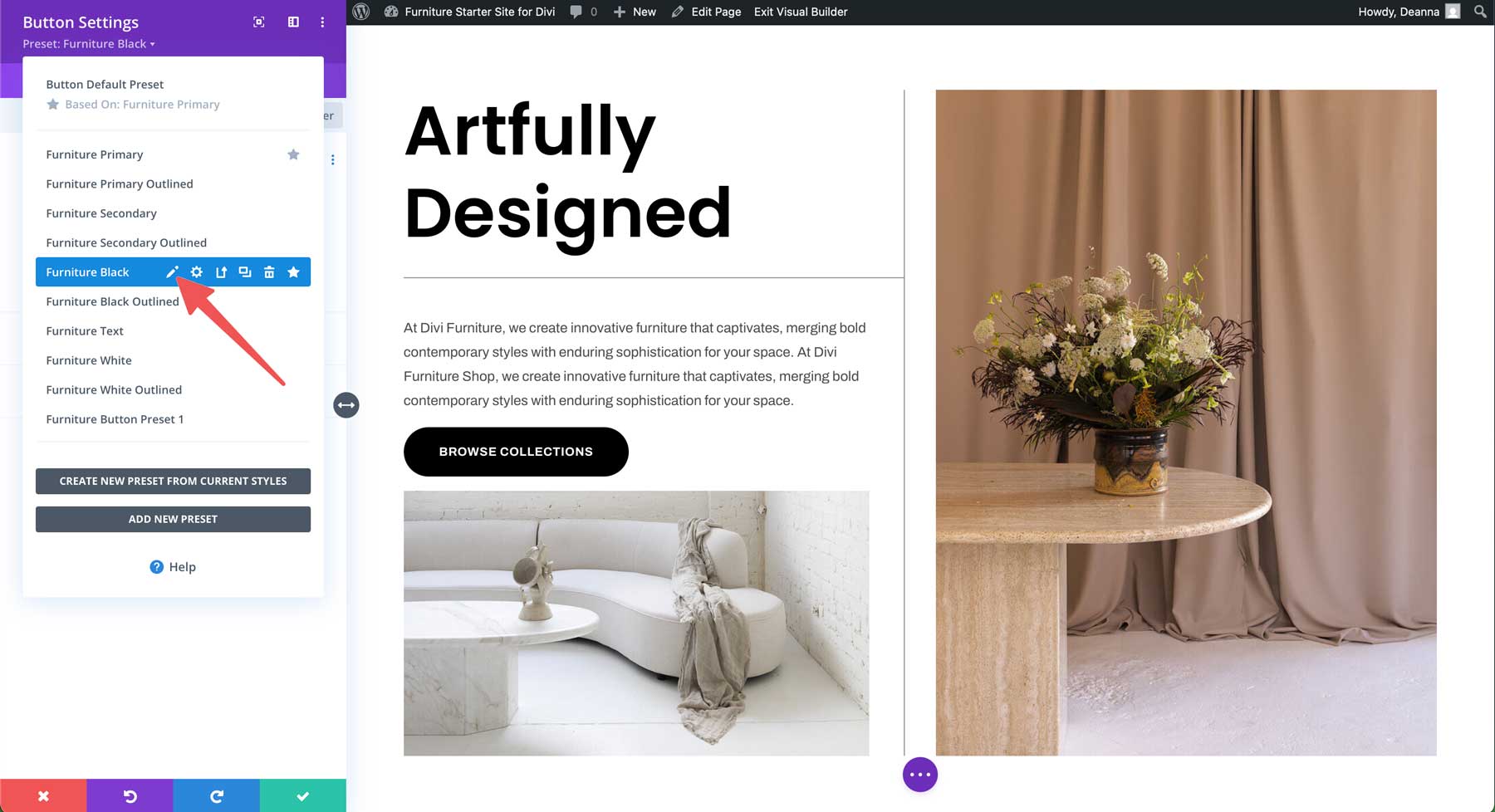 furniture starter site for Divi