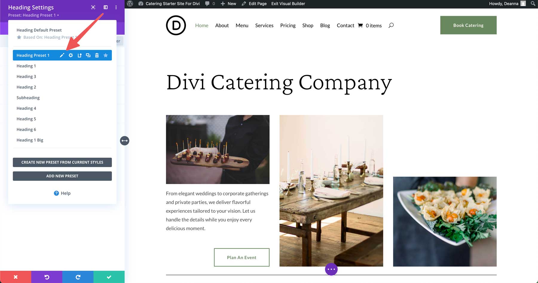 Catering starter site for Divi