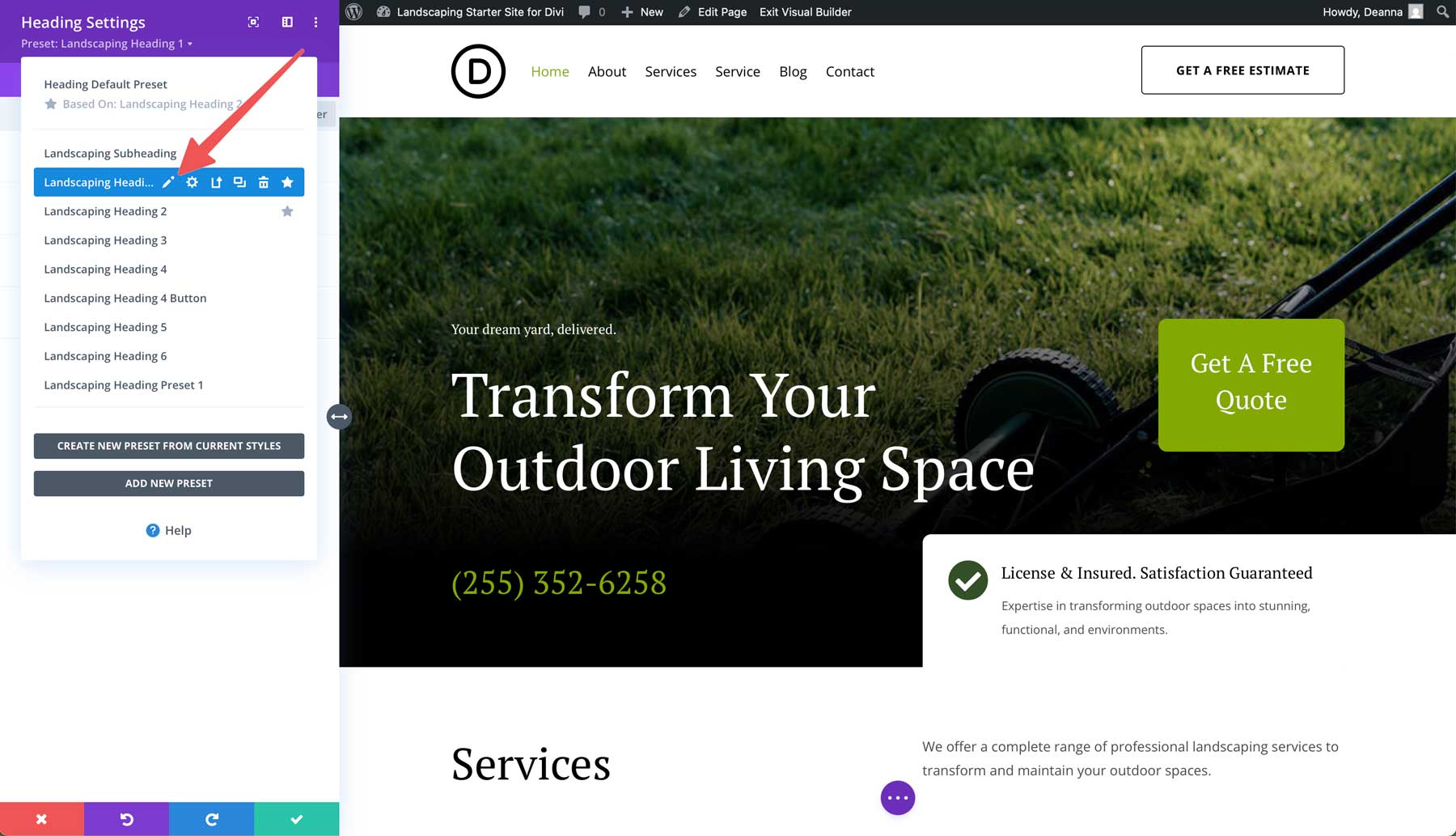 Landscaping starter site for Divi