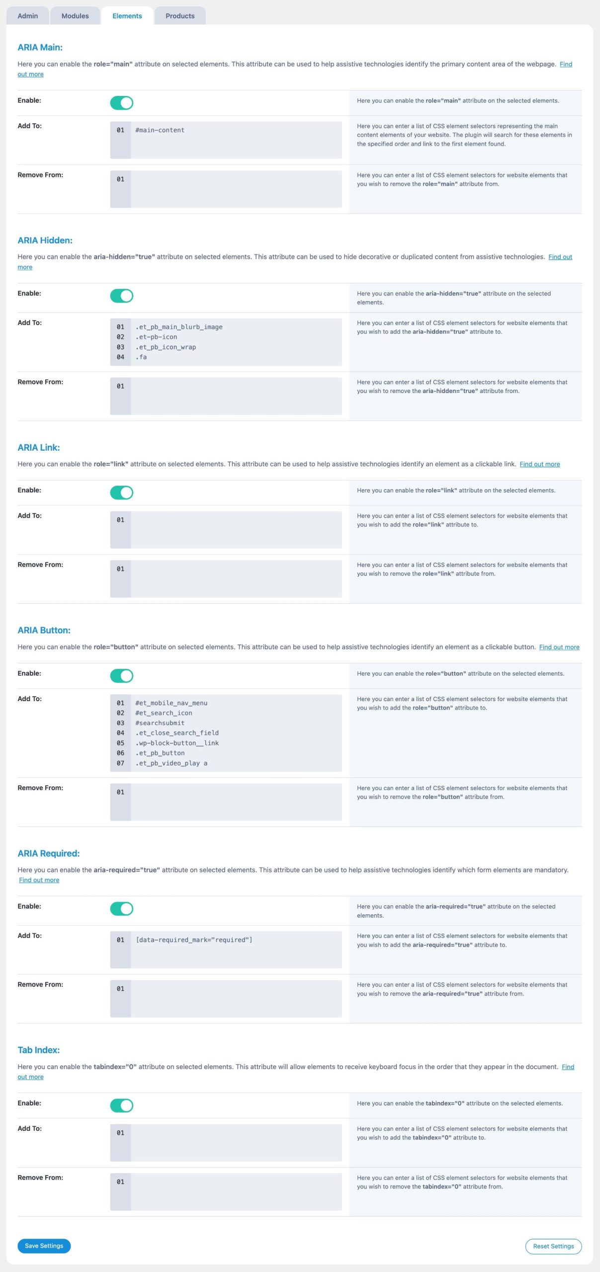 Elements tab in accessibility attributes