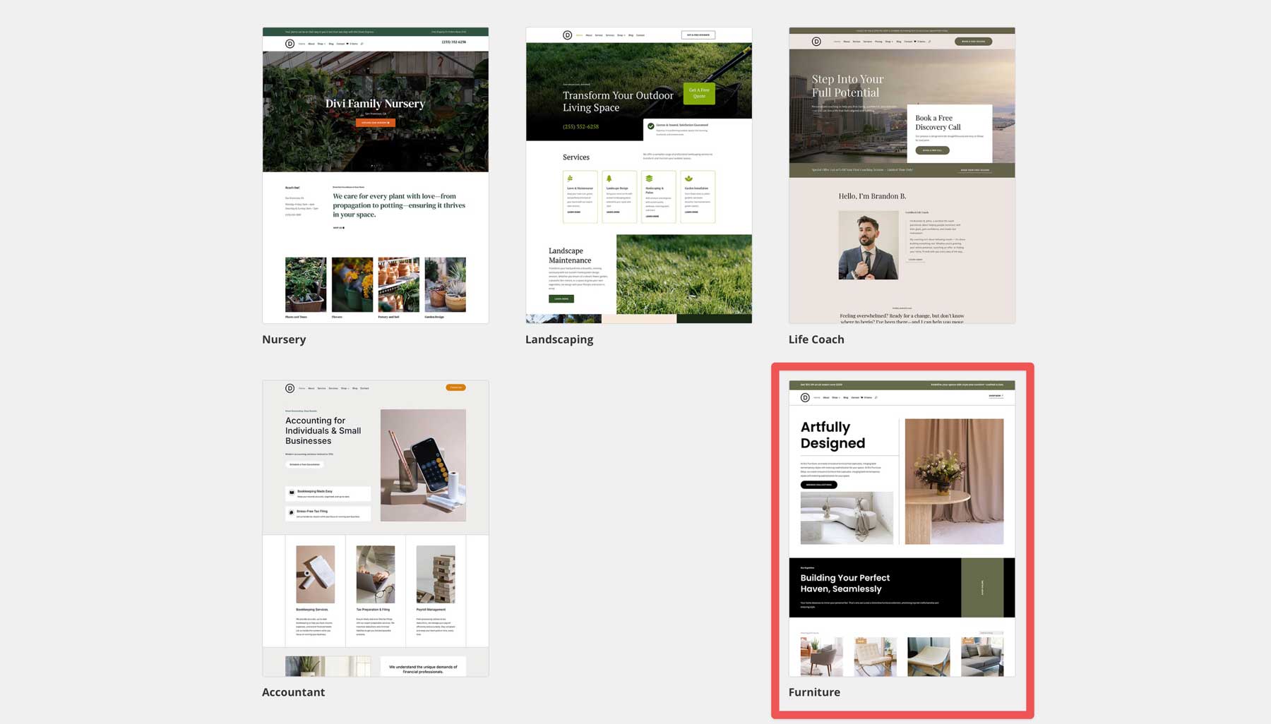 furniture starter site for Divi