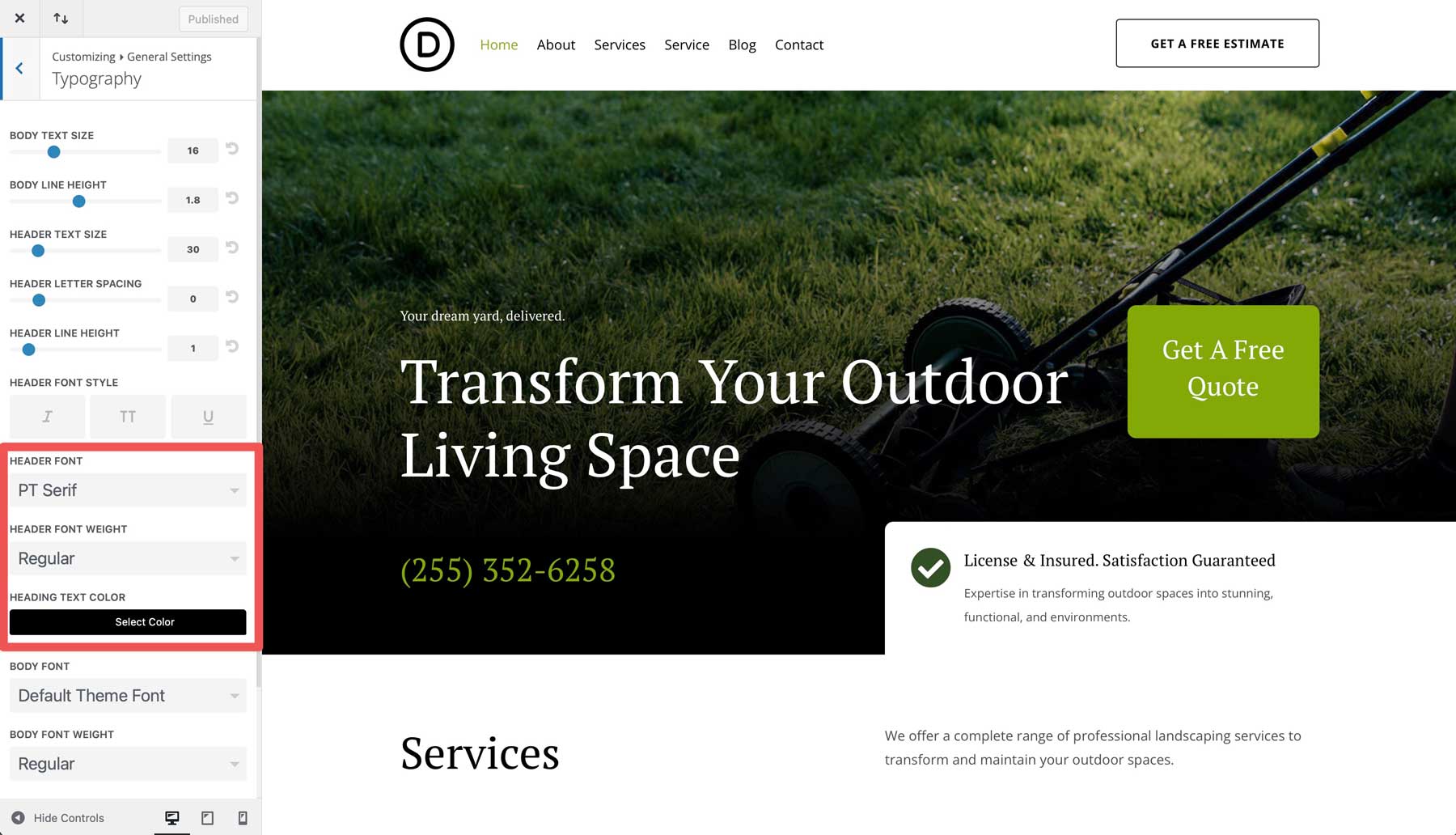 Landscaping starter site for Divi