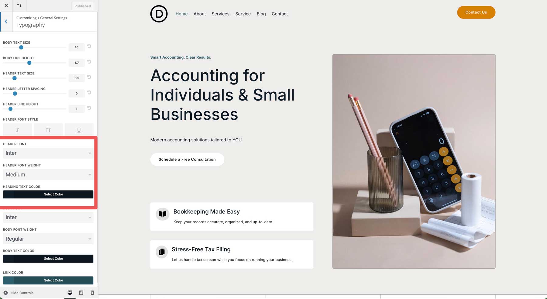 Accountant starter site for Divi