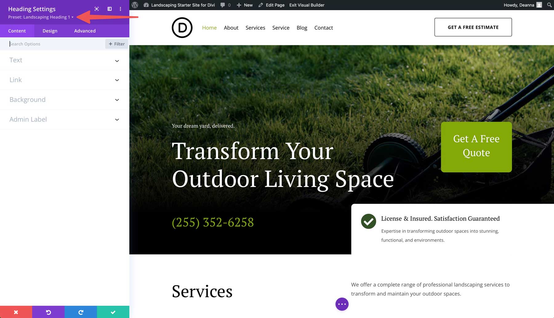 Landscaping starter site for Divi