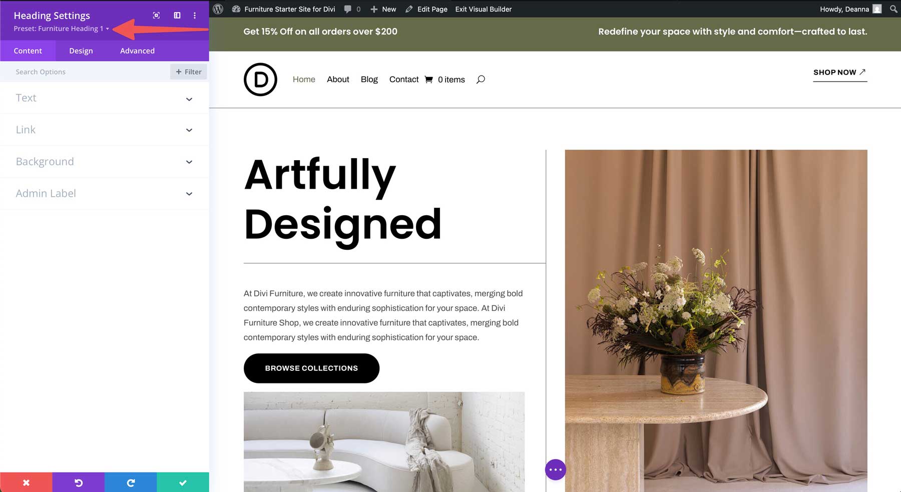 furniture starter site for Divi