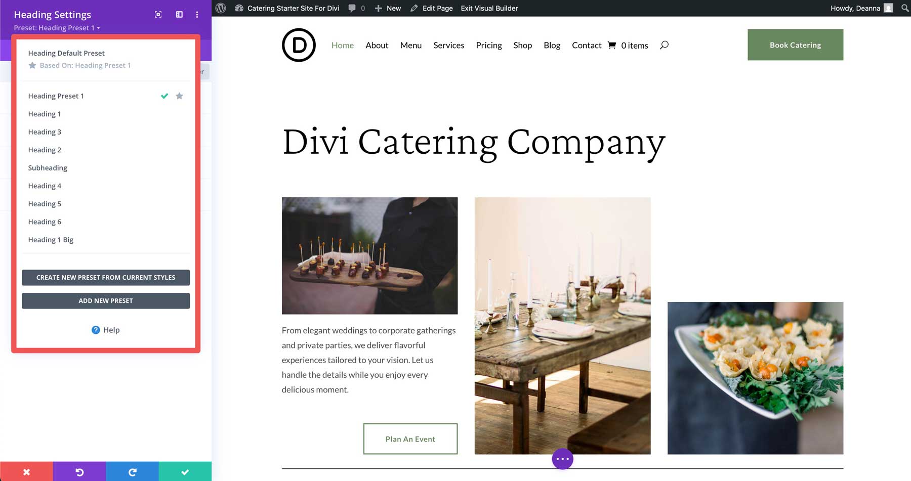 Catering starter site for Divi
