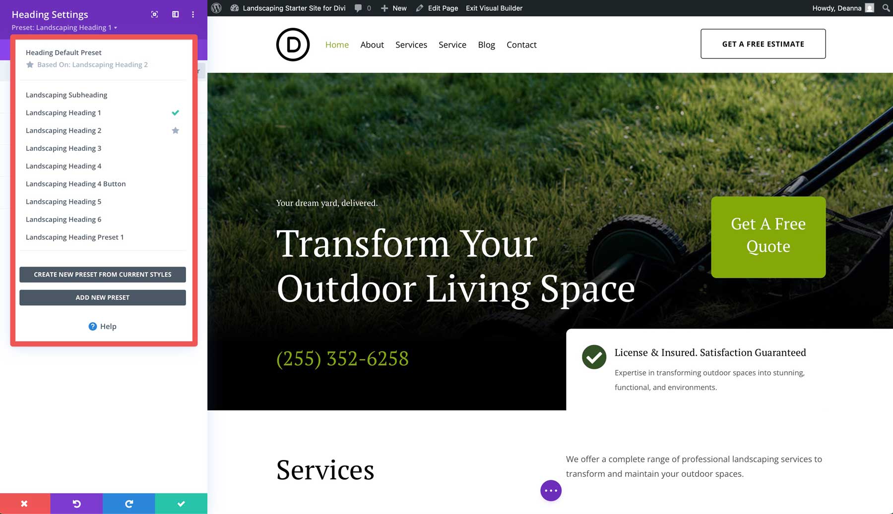 Landscaping starter site for Divi