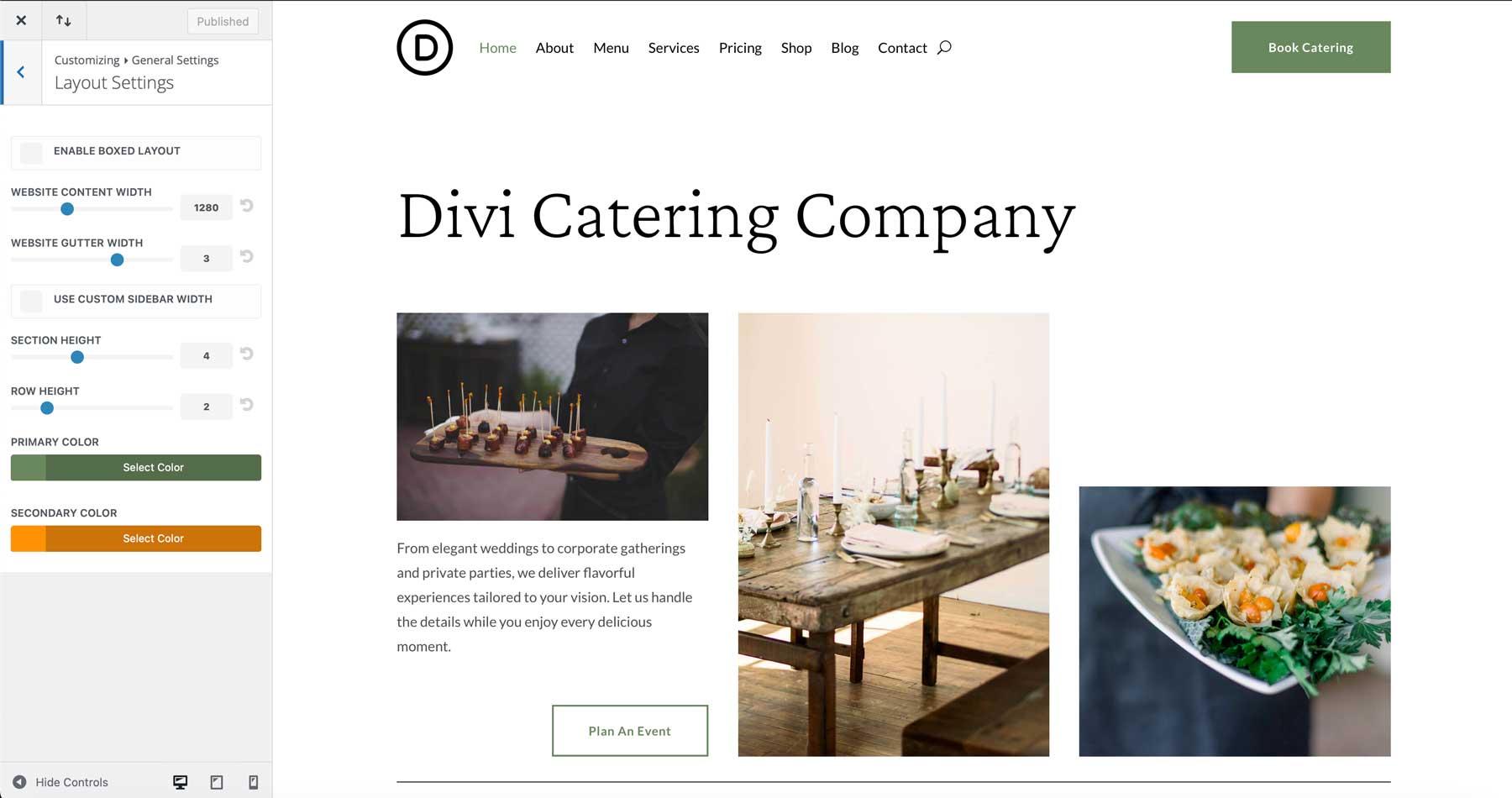 Catering starter site for Divi