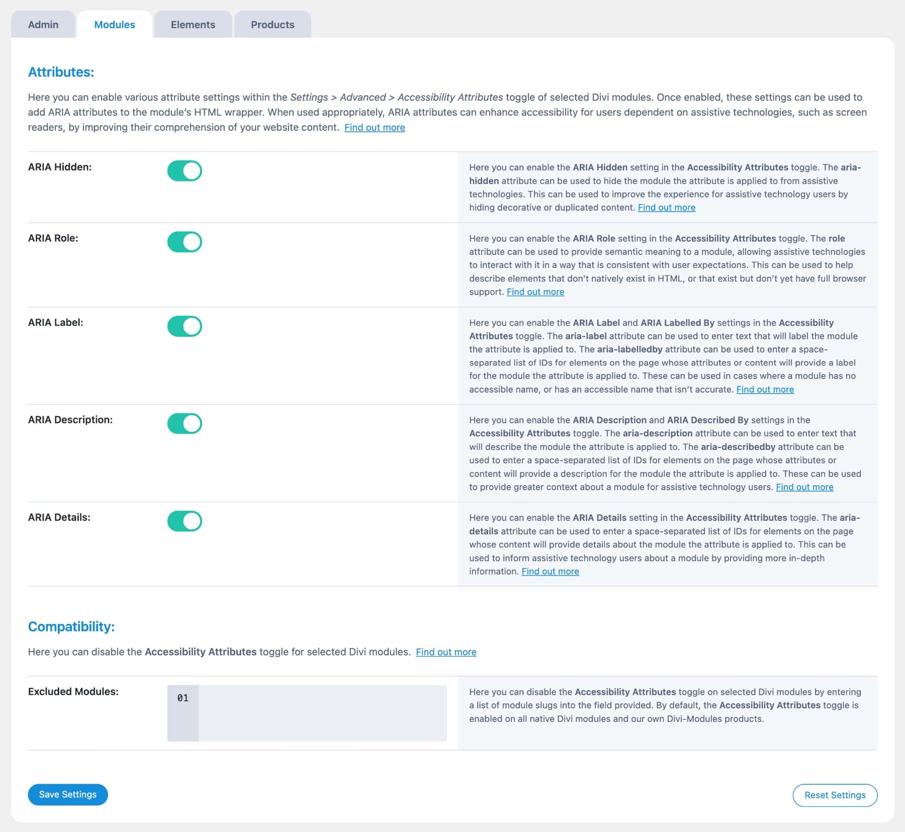 modules tab options in accessibility attributes