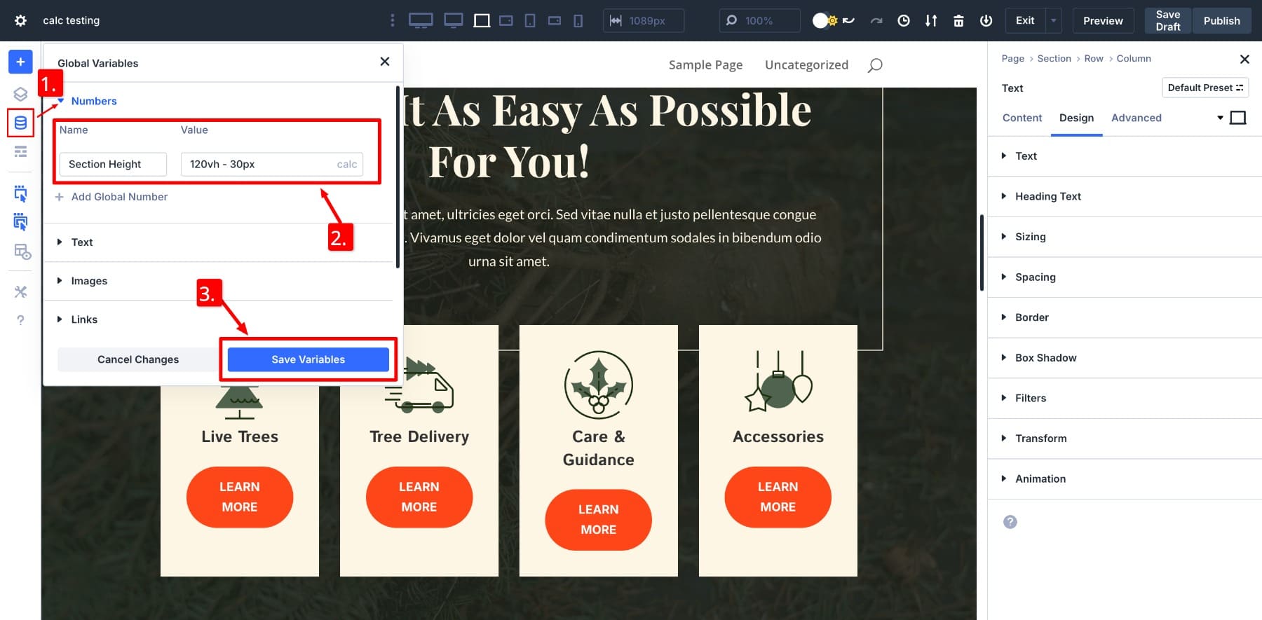 saving a calc() value as number design variable
