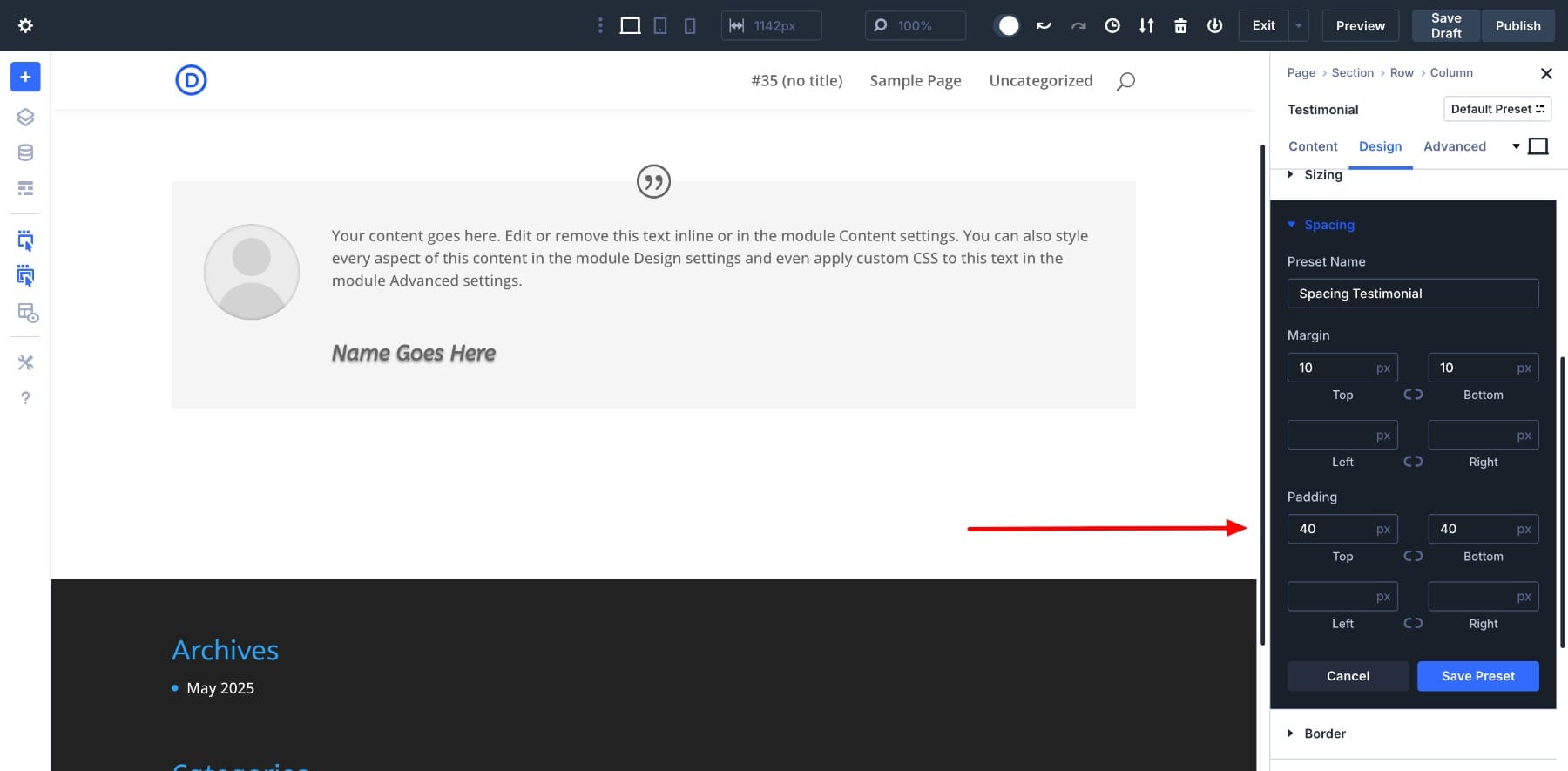 testimonial option group preset example