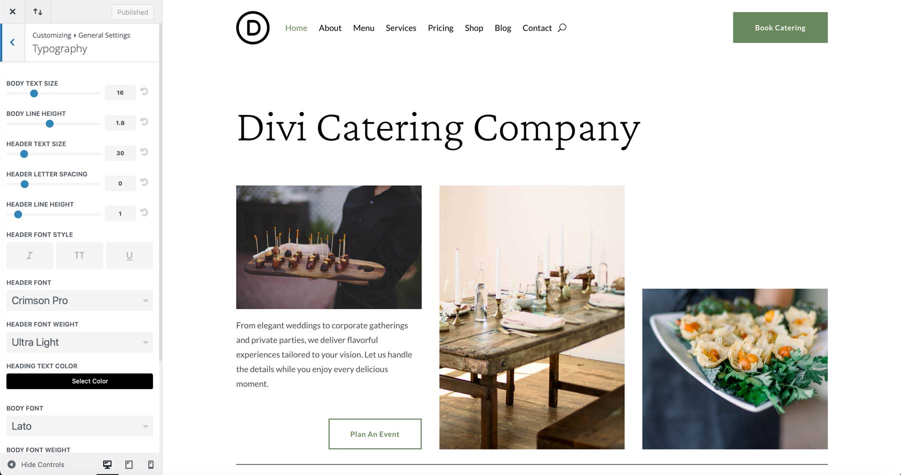 Catering starter site for Divi
