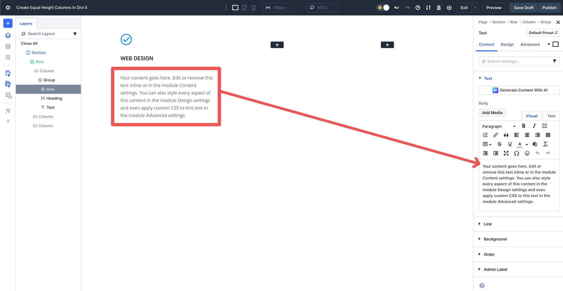 equal column heights in Divi 5