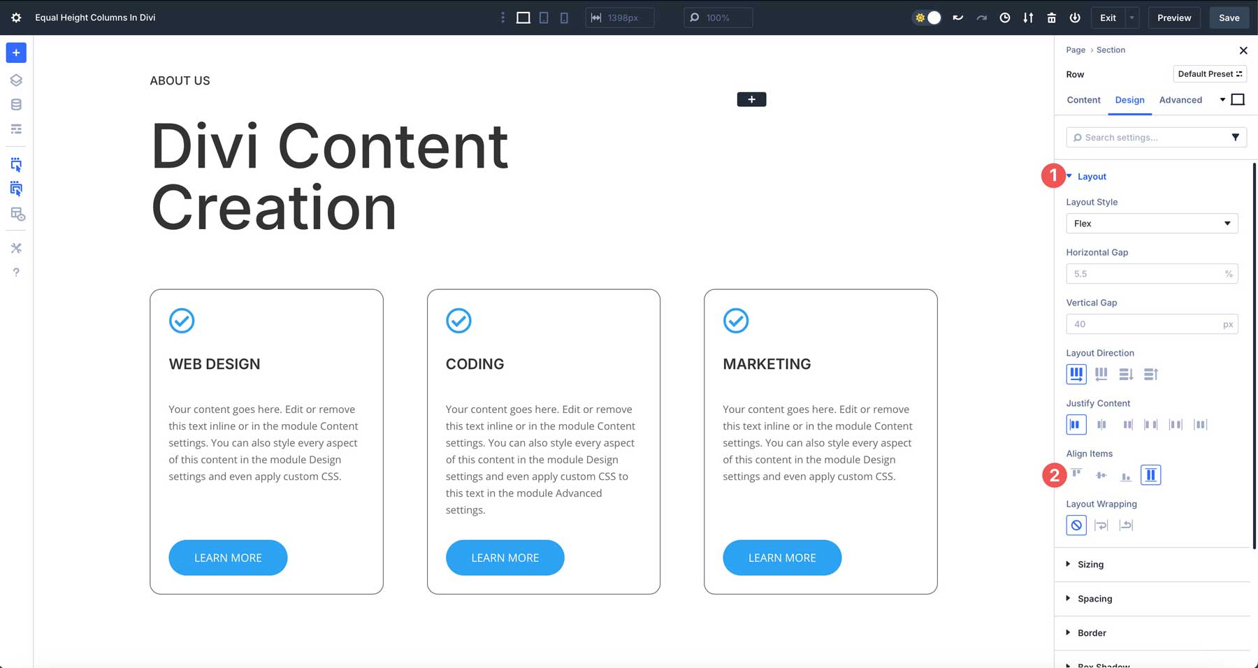 equal column heights in Divi 5