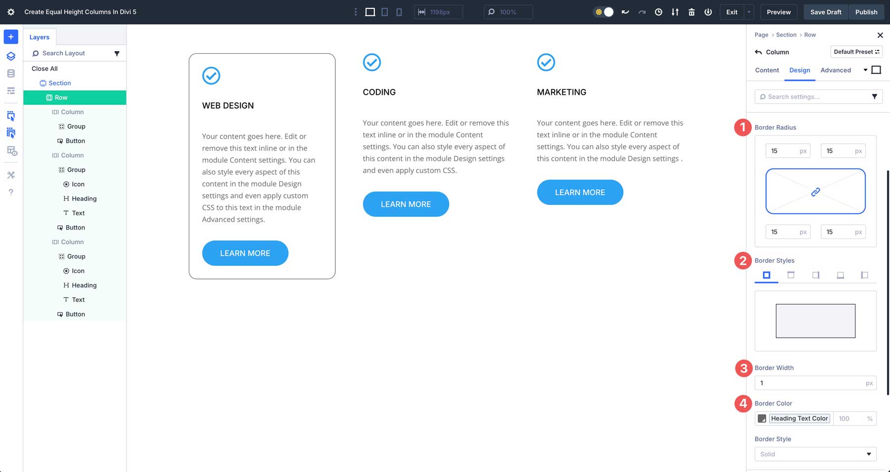 equal column heights in Divi 5