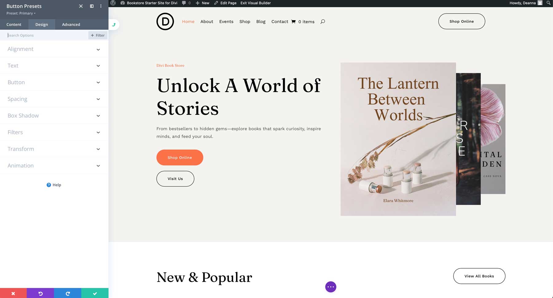 Bookstore starter site for Divi
