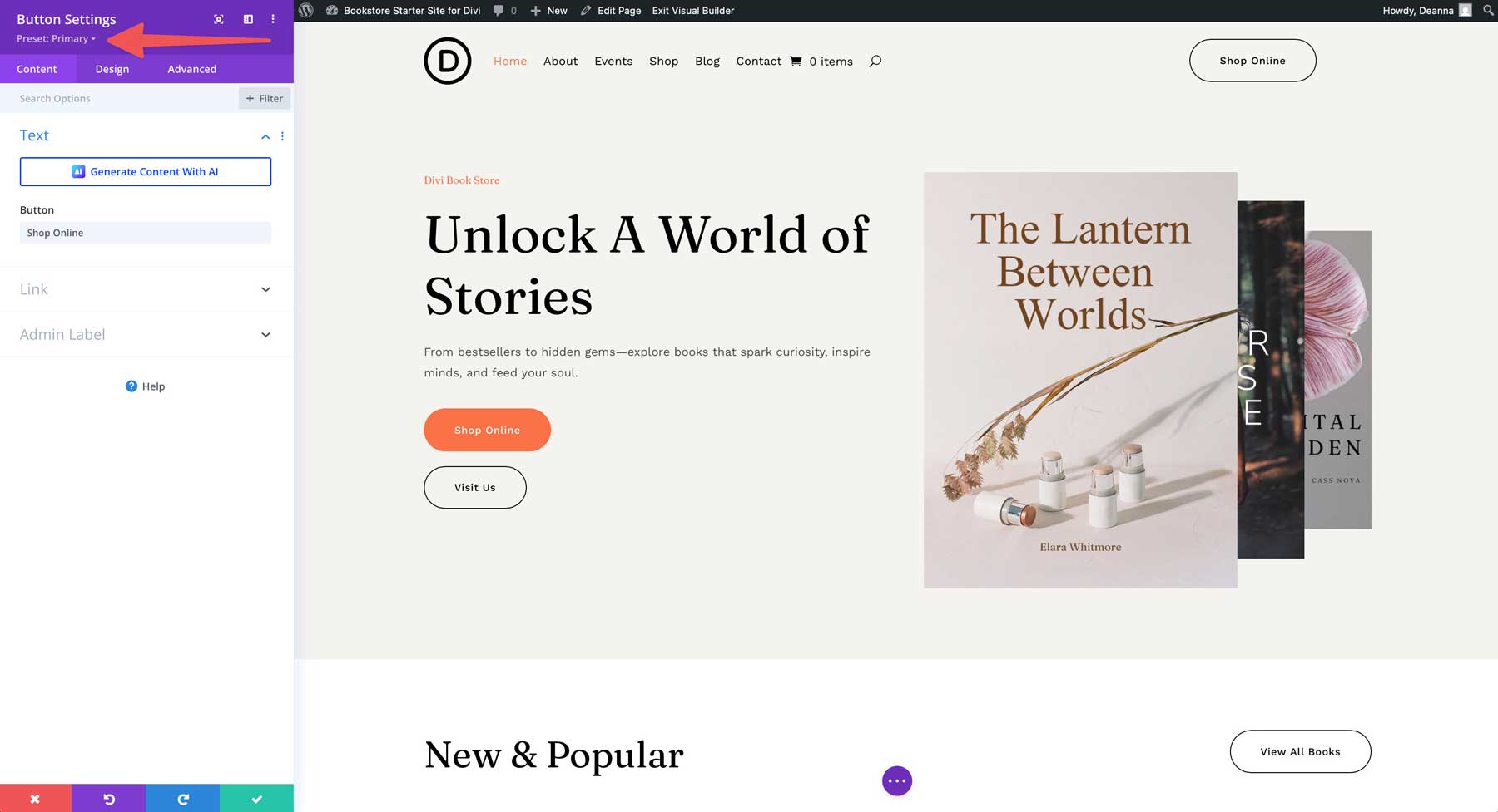 Bookstore starter site for Divi
